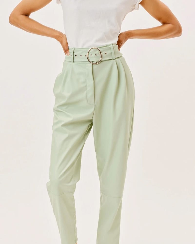Front of a model wearing a size L Talia Pant in Green in Green by for Love & Lemons. | dia_product_style_image_id:340044